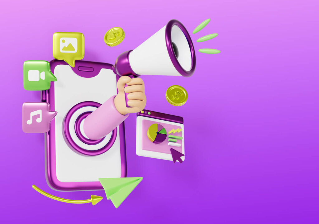 Ilustração de remarketing com smartphone, megafone e ícones de marketing digital