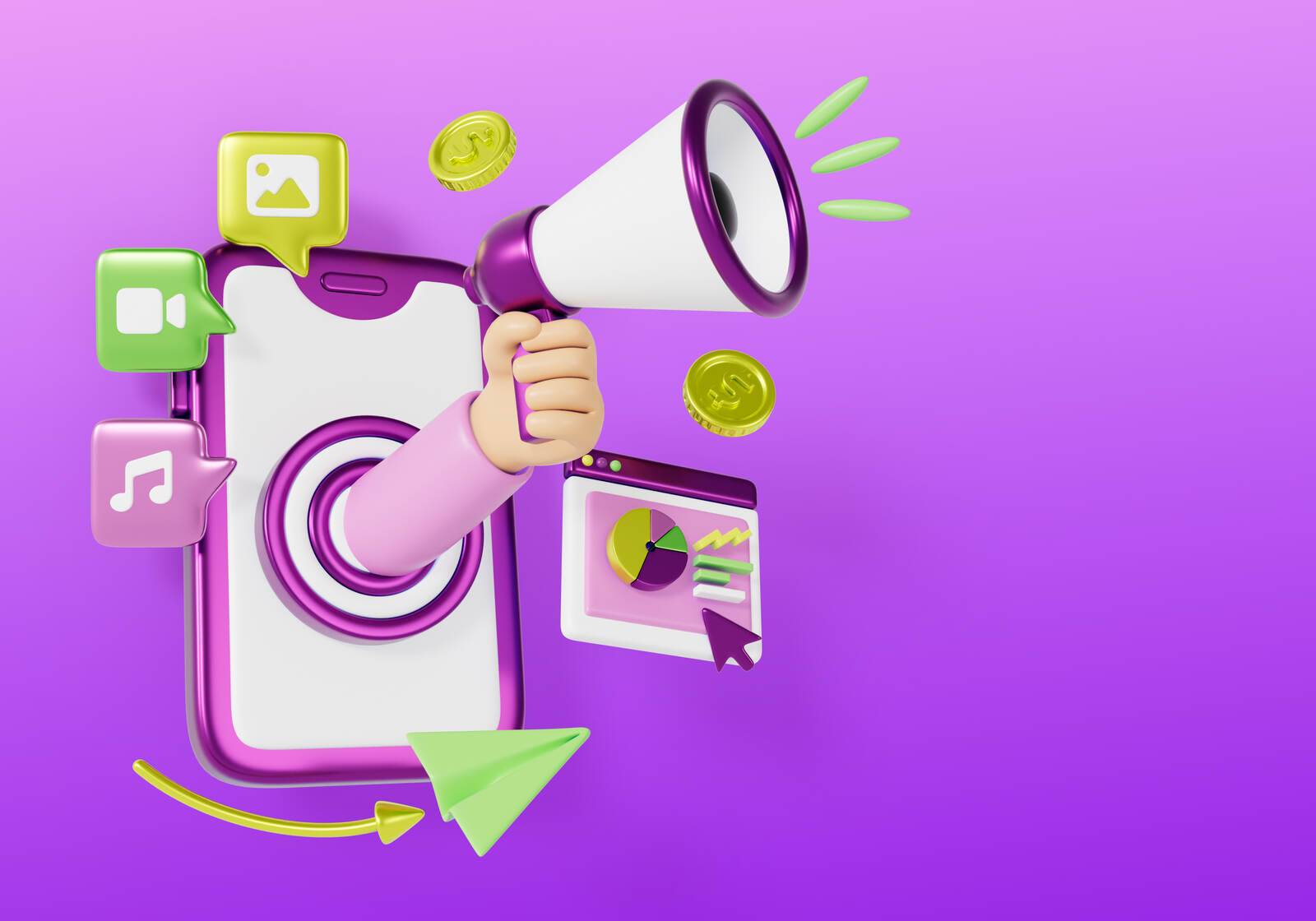 Ilustração de remarketing com smartphone, megafone e ícones de marketing digital